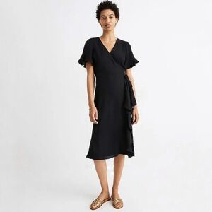 NWT Madewell black Ruffle-Sleeve Wrap Dress midi v-neck flutter flowy small